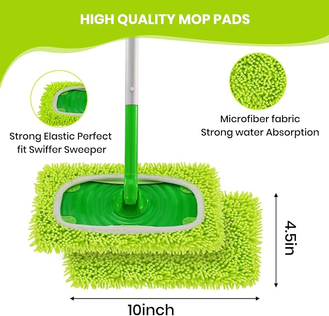 8 Pack Chenille Mop Refill Pads, Reusable Microfiber Mop Pads for 10''–12'' Flat Mops, Washable Dry& Wet Pads Refill for Hardwood, Tile, Compatible with Swiffer Sweeper