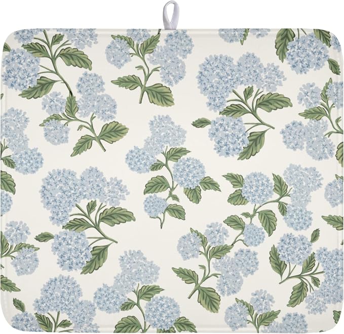 Blue Hydrangea Floral Dish Drying Mat for Kitchen Counter Spring Summer Vintage Flower Microfiber Dish Drainer Mat Rustic Farmhouse Absorbent Washable Drying Pad 16"x18"