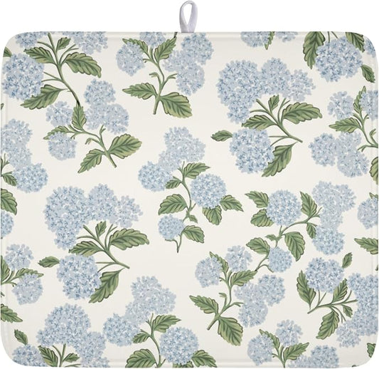 Blue Hydrangea Floral Dish Drying Mat for Kitchen Counter Spring Summer Vintage Flower Microfiber Dish Drainer Mat Rustic Farmhouse Absorbent Washable Drying Pad 16"x18"