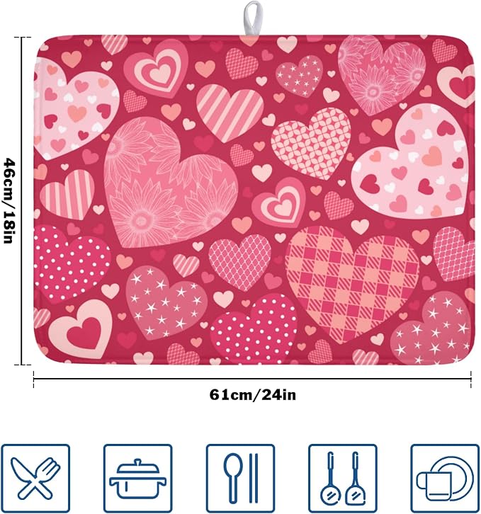 Valentine's Day Red Heart Dish Drying Mat 18x24 Inch | Polyester，Absorbent Microfiber，for Kitchen Coffee Dining Bar Decor