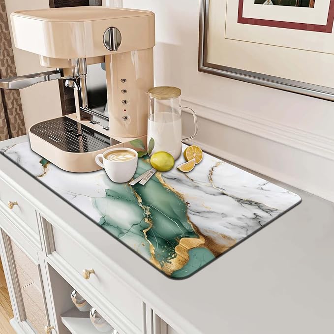 MCALK Marble Green Dish Drying Mat for Kitchen Counter, Luxurious Marble Texture Dish Drying Pad with Anti-Slip Rubber Base, Absorbent Kitchen Sink Mat with Modern Art Decor (1 pc 18" x 16")
