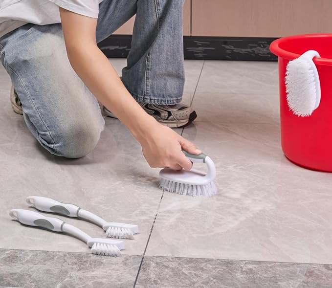 Scrub Brush Set, 4 Pack Deep Cleaning Brush Kit, Gray | 2 Scrub Brush, 2 Tile & Grout Brush with Built-in Scraper, Household Commercial Scrubber for Floor, Shower, Pool Wall, Tub