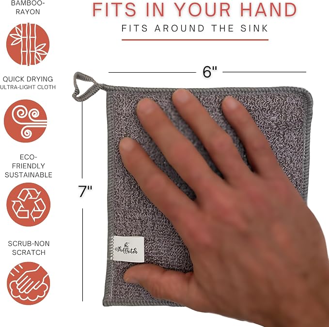 Whiffkitch® Scrubby Cloth – 6-Pack, Dishcloths, Dishrags for Kitchen and Household Cleaning 6x7, 2-Sided, Non-Scratch, Bamboo-Rayon, Scrub Mesh, Quick Dry, Washable, Reusable