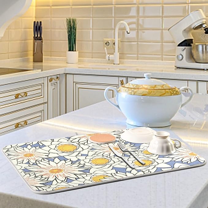 Absorbent Dish Drying Mat for Kitchen Counter - Flowers Lotus Yellow Microfiber Drying Pad, Reversible Drainer Mats for Countertop, Lager 18 x 24 inch