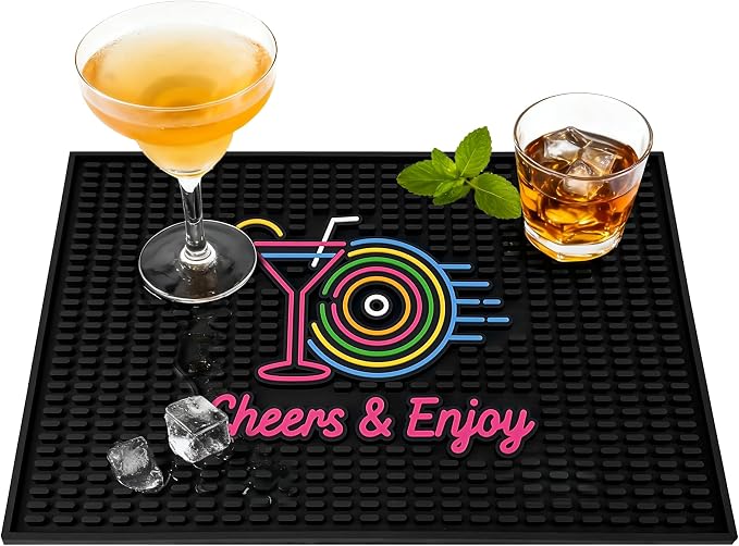 Neon Tiki Black Bar Mat 18 x 12 Inch - Thick Rubber Bar Mats for Countertop and Bartending - Professional Bar Spill Mat for Home Bar Accessories, Bar Cart Decor and Bartender Accessories （XLCY）