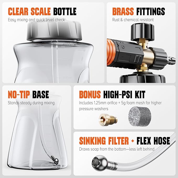 Foam Cannon for Pressure Washer, 1L Snow Foam Lance | 1/4 in quick connect, Includes extra orifice nozzle, foam makers, adjustable spray for cars
