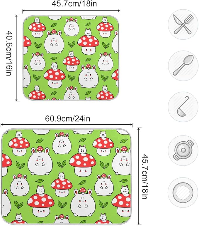 Absorbent Dish Drying Mat for Kitchen Counter - Cartoon Mushroom Rabbit Microfiber Drying Pad, Reversible Drainer Mats for Countertop, Large 18" x 24"