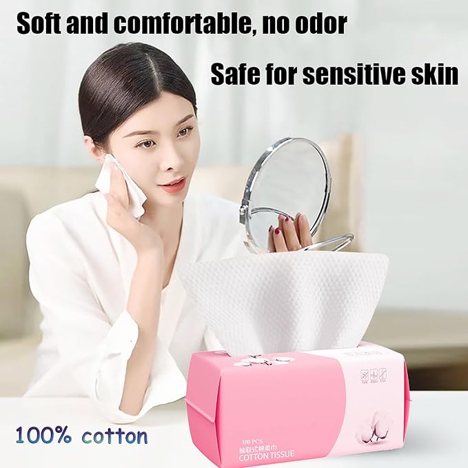 Disposable Face Towel 100 Count for Washing Soft Cotton Dry Wipes Facial Cloths Towelettes for Washing and Drying, Facial Tissue for Cleansing, Skincare and Makeup Remover (4 Pack)