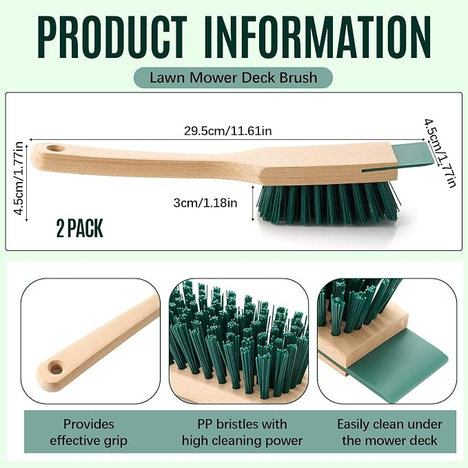 CroBlissful 2 Pcs Heavy Duty Scrubbing Brush Stiff Bristle Brush with Wood Handle and Scraper for Lawn Mower Deck Scraper Cleaning Outdoor Boot Scrub Brushes