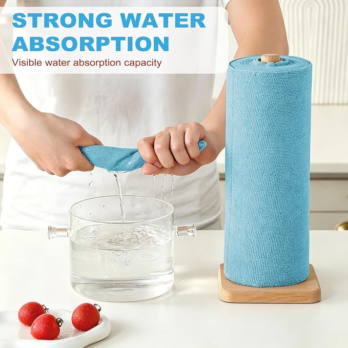 Puomue 55 Pack Microfiber Cleaning Cloth Roll, Tear Away Reusable Paper Towels, 11" X 9", Ultra Absorbent & Lint Free Microfiber Cloth for Cleaning Cars, Kitchen, Window, Home and Shop, Blue