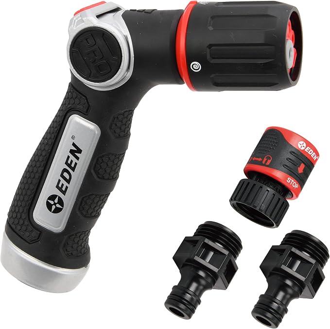 Eden PRO 94827 Metal Thumb Control 4-Pattern Turbo Nozzle | Heavy-Duty Hose Sprayer for Garden, Lawn, Plants, Outdoor Cleaning, Durable Aluminum Core, Quick Connect Set Bundle