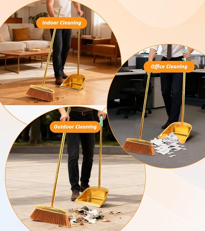 Gold Stainless Steel Broom and Dustpan Set, 2-Piece Long Handle Standing Pan with Comb Teeth, Heavy Duty Windproof Upright Design for Home, Kitchen, Indoor Outdoor Use