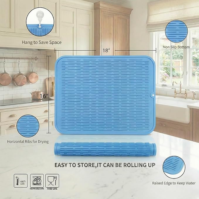 MicoYang Silicone Dish Drying Mat for Multiple Usage,Easy clean,Eco-friendly,Heat-resistant Silicone Mat for Kitchen Counter or Sink,Refrigerator or Drawer Liner Light Blue XL 18 inches x 16 inches