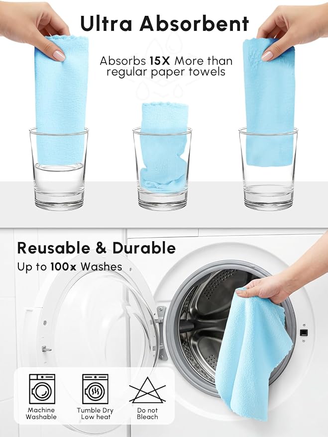 Microfiber Cleaning Cloths Roll, 225 Pack Tear Away Microfiber Towels Roll, 12" x 12" Lint Free Rags, Reusable Cleaning Cloths, Washable, Scratch Free,Ultra Absorbent Dish Rags(Blue)