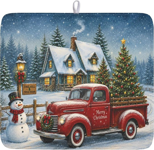 Merry Christmas Dish Drying Mat for Kitchen Counter 16x18 Inch Snowman Truck Dish Drainer Mat Absorbent Microfiber Winter Snowflake Dish Rack Pad for Coffee Dining Bar Decor
