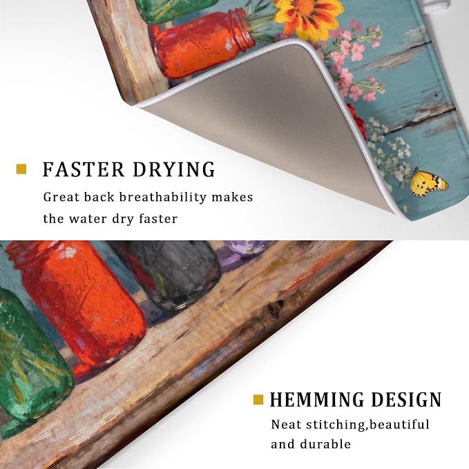 Dish Drying Mat for Kitchen Counter 18x24, Spring Summer Floral Decorative Absorbent Reversible Microfiber Kitchen Countertop Protector Dishes Drainer Pad