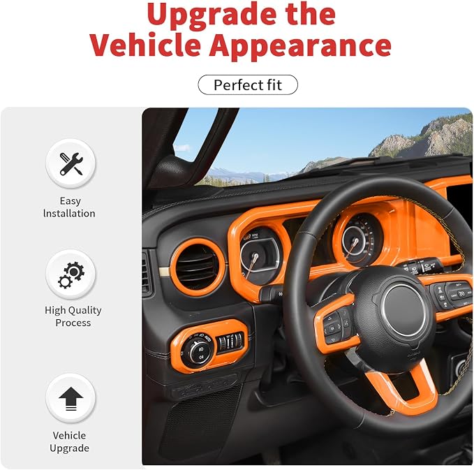 21PCS Full Set Interior Trim Kit for 2024-2026+ Jeep Wrangler JL JLU & Jeep Gladiator JT, Dashboard Side Outlet Door Handle Bowl Headlight Switch Roof Reading Light Cover (Orange)