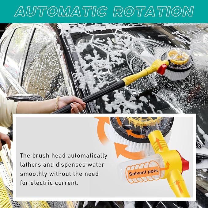 povtii Rotating Car Wash Brush, 360° Spin Auto Cleaning Brush with Long Handle, Detachable Washing Brush with Soft Chenille Bristles Universal for Most Vehicles, Car Accessories (Brush+5m Hose)