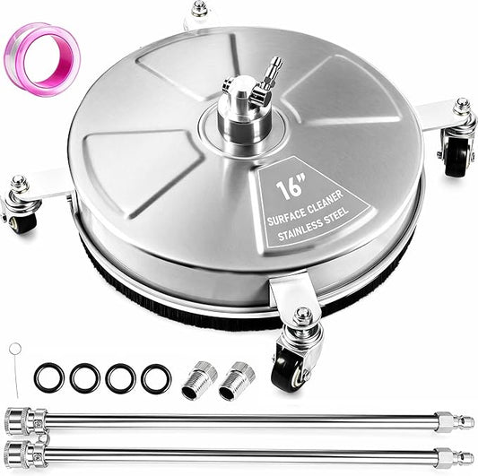 Hourleey 16" Pressure Washer Surface Cleaner, Stainless Steel Surface Cleaner with 4 Wheels for Concrete, Patio, Sidewalk, Deck, Pathway 1/4" Quick Connector, 2 Extension Wand, 4000 PSI