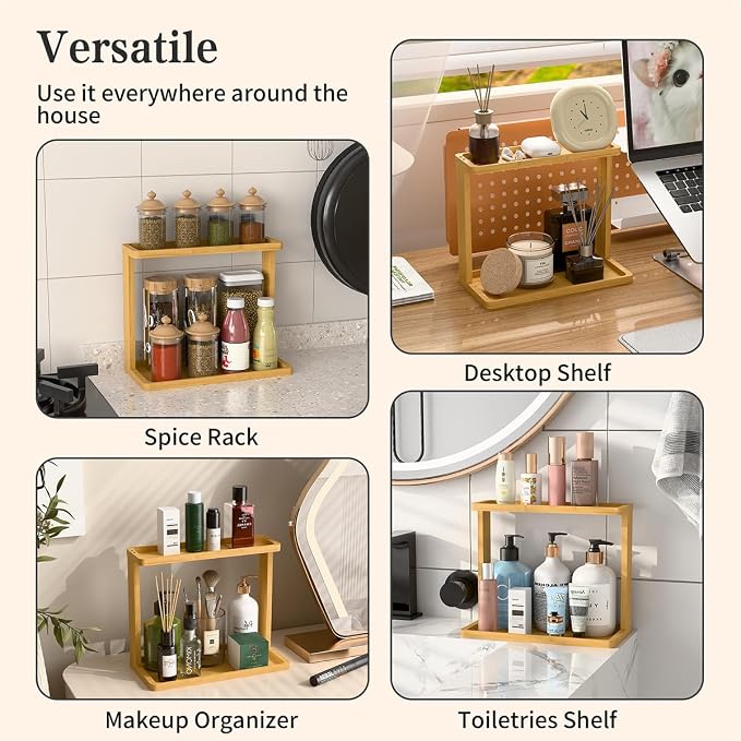PEKER Bamboo Bathroom Organizer Countertop – Small Vanity Storage Shelf for Makeup, Perfume, Skincare – Natural Cosmetics Display Rack for Dresser, Sink, Kitchen – Natural