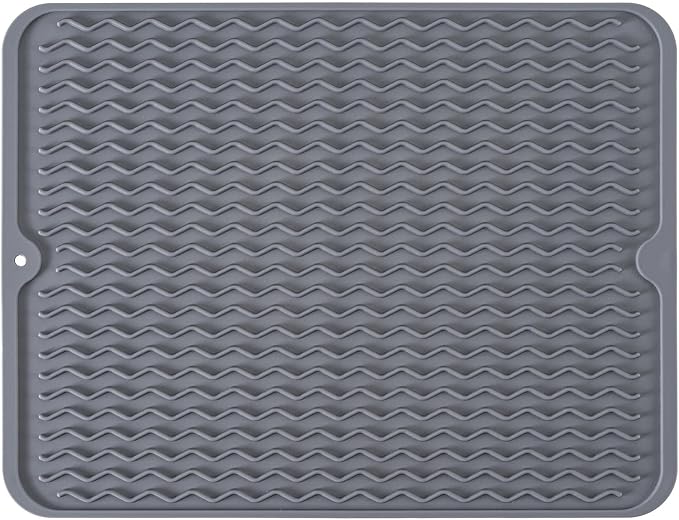 Large 14" x 11" Silicone Dish Drying Mat for Kitchen Counter, Easy clean, Quick Dry, Heat-resistant Dish Drainer Mat for Sink,Refrigerator or Drawer liner (Food Grade Silicone-Grey)