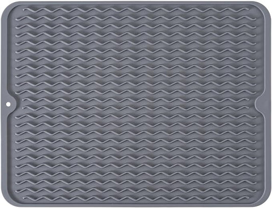 Large 17" x 14" Silicone Dish Drying Mat for Kitchen Counter, Easy clean, Quick Dry, Heat-resistant Dish Drainer Mat for Sink,Refrigerator or Drawer liner (Food Grade Silicone-Grey)