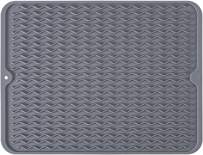 Silicone Dish Drying Mat, Non-Slip Easy Clean Sink Mat Large Heat-resistant Dish Drainer Mat for Kitchen Counter, Sink, Refrigerator or Drawer liner (18" x 16", GREY)