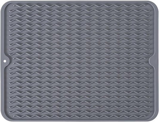 Silicone Dish Drying Mat, Non-Slip Easy Clean Sink Mat Large Heat-resistant Dish Drainer Mat for Kitchen Counter, Sink, Refrigerator or Drawer liner (18" x 16", GREY)