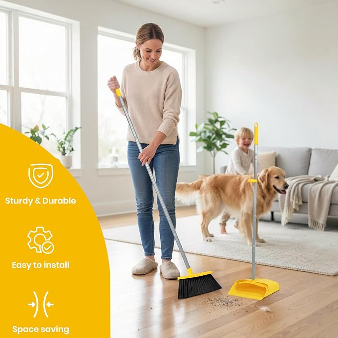 Stand Up Dustpan and Broom Set 50” Long Handle Broom with Dust Pan, with Self Cleaning Combe for Ergonomic Home Office Classroom Indoor Sweeping