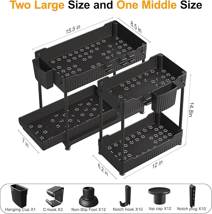 Sevenblue 3-Pack 2-Tier Under Sink Organizers with Sliding Drawers | Multi-use kitchen & bathroom storage, 14.8 inch black cabinet organizer, space-saving sliding drawer design.