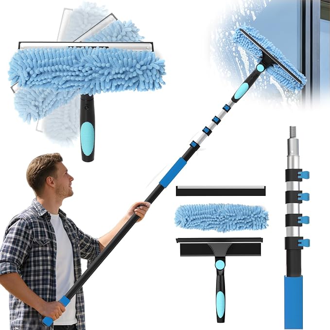 16FT Reach Window Squeegee Kit with Extension Pole, 2-in-1 Professional Washer for High Windows, 3-12FT Adjustable Reach, Rotatable Head for Indoor & Outdoor Use, Streak-Free Cleaning Tool for Home