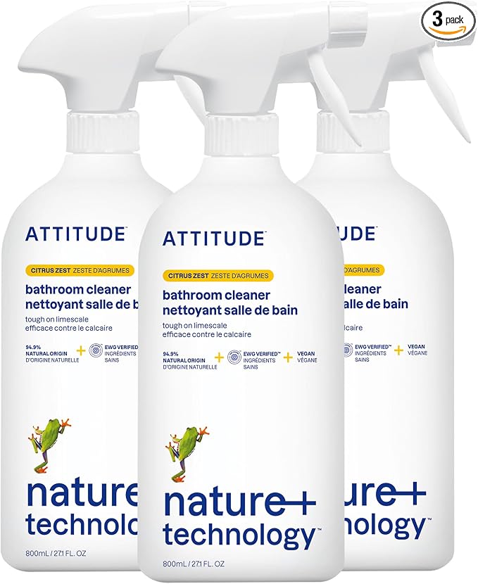 ATTITUDE Bathroom Cleaner Spray, EWG Verified, Plant-Based & Vegan, Safe for Bathroom Surfaces, Tiles, Tubs, Shower Walls, and Grout, Citrus Zest Scent, 27.1 Fl Oz (Pack of 3)