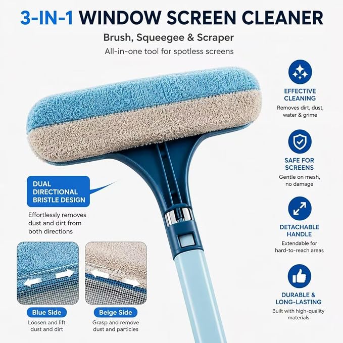 3-in-1 Window Screen Cleaner with Squeegee and Pet Hair Remover, Window Screen Cleaning Brush for Couch, Mesh and Multi-Use Crevice Tool for Patio and Porch Screens (Blue)