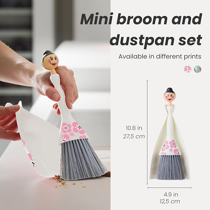Vigar Mini Broom and Dustpan Set - Small Broom and Dustpan, Hand Broom for Desk, Kitchen, Car, Crumb Brush for Dust & Pet Hair, Decorative Doll Design, Portable Dust Pan Brush for Indoor - White