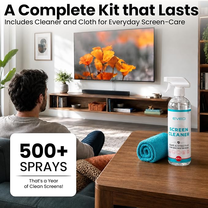 EVEO® TV Screen Cleaner Spray (Streak-Free) TV Screen Cleaner for Smart TV, LCD, LED, OLED | Computer Screen Cleaner Spray and Wipe Microfiber Cloth for TV, Monitor, Laptop, iPad, Car, Tesla & More