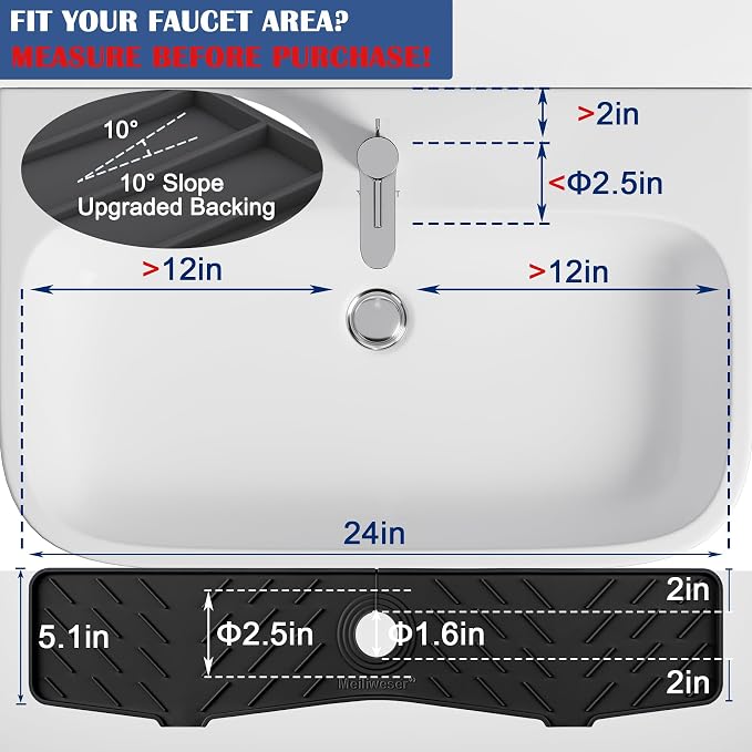 Faucet Mat for Kitchen Sink – 24” x 5.1” Extra-Long Silicone Splash Guard with 10° Slope & Upgraded Drainage – Gen 3 Sink Water Catcher & Sponge Holder for Kitchen, Bathroom (Black)