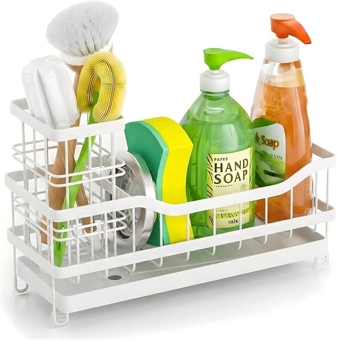 Sponge Holder for Kitchen Sink, Rustproof Sink Caddy Organizer with Dish Brush Holder, Self-Draining Kitchen Sink Organizer Countertop for Soap Dispenser, Scrubber and Sink Storage Essentials, White