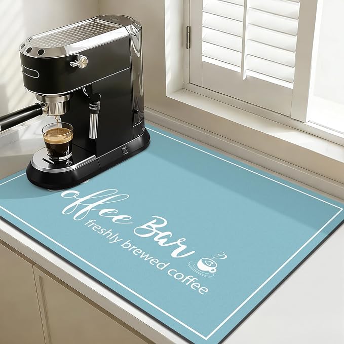 Findosom Dish Drying Mat, 18" x 24" Super Absorbent & Hide Stain Coffee Mat, Cuttable Drying Mat for Kitchen Counter, Coffee Bar Accessories, Under Dish Rack, Coffee Maker, Espresso Machine, Blue