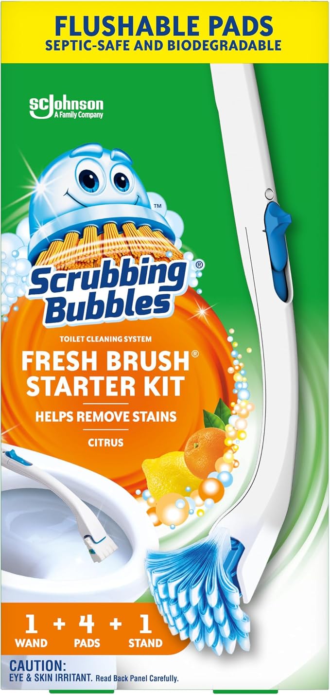 Scrubbing Bubbles Toilet Bowl Brush and Holder with Cleaner Refill Pads, Fresh Brush Toilet Wand Starter Kit, Cleans Limescale & Fights Odors, Citrus Scent, 1 Wand + 4 Refills + 1 Stand (Pack of 4)