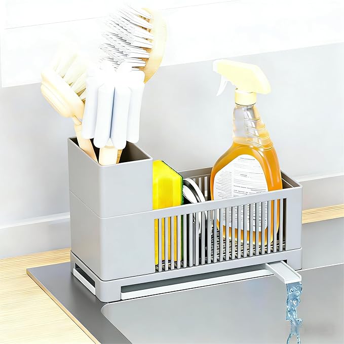 Rustproof Kitchen Sink Organizer for Countertop,Multifunctional Sink Organizer Caddy & Organization,Scrub Brush and Sponge Holder,Plastic Sink Storage Rack,Sponge Drain Rack,Dish Soap Dispenser,Grey