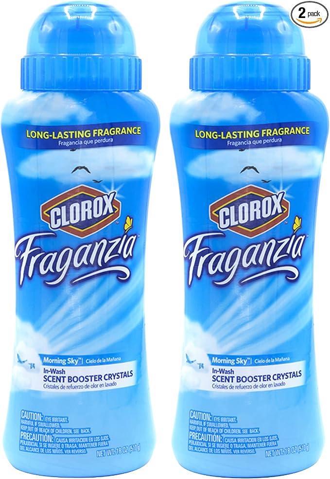 Clorox Fraganzia Laundry Scent Booster Crystals, In-Wash Fragrance Beads for Fresh-Smelling Clothes & Linens, Safe for All Fabrics & Colors, Easy-Pour Bottle, Morning Sky Scent, 18 Oz, 2 Pack