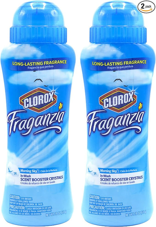 Clorox Fraganzia Laundry Scent Booster Crystals, In-Wash Fragrance Beads for Fresh-Smelling Clothes & Linens, Safe for All Fabrics & Colors, Easy-Pour Bottle, Morning Sky Scent, 18 Oz, 2 Pack