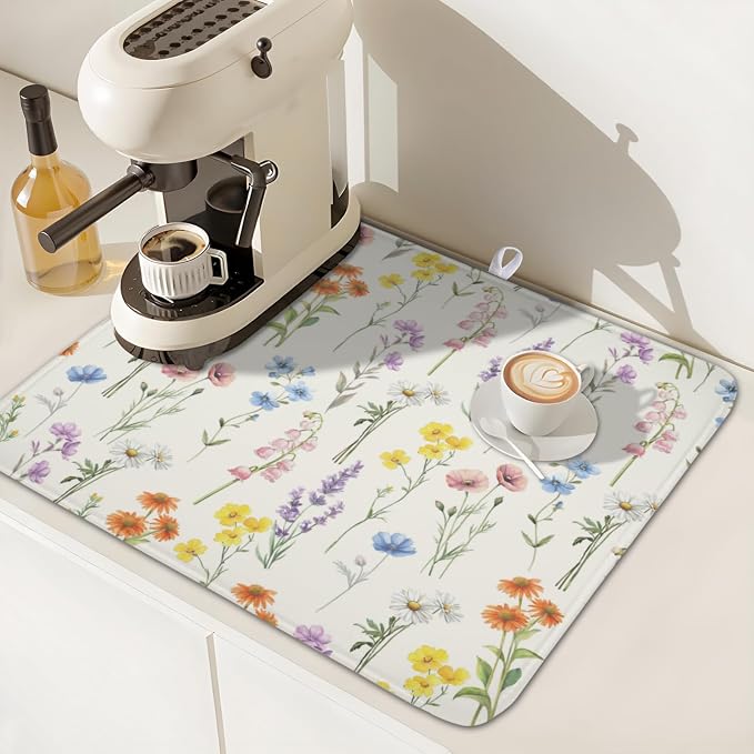 Spring Summer Colorful Floral Dish Drying Mat 16x18 Inch | Wildflower，Polyester，Absorbent Microfiber，for Kitchen Coffee Dining Bar Decor