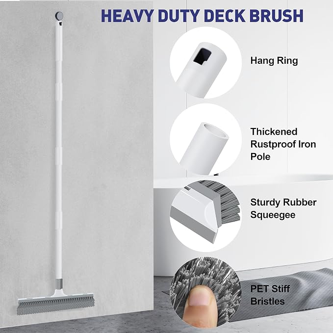 Yolaist 60 inch Long Handle Floor Scrub Brush, 2 in 1 Heavy Duty Hard Bristle Deck Scrubber & Squeegee for Tile, Wall, Concrete, Shower, Bathroom, Kitchen, Garage, Patio