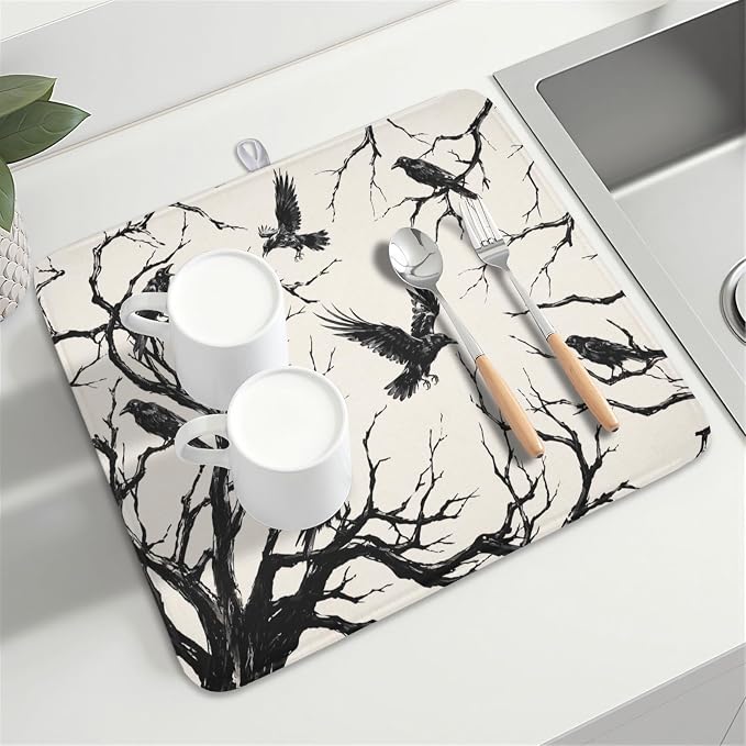 Halloween Crows Dish Drying Mat for Kitchen Counter Vintage Spooky Black Tree Branches Raven Pattern Microfiber Dish Drainer Mat Rustic Absorbent Washable Drying Pad 16"x18"