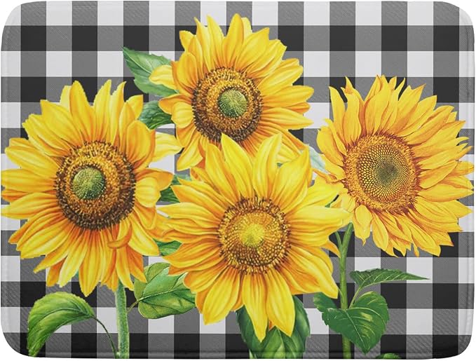 Sunflower Dish Drying Mat for Kitchen Counter Black White Buffalo Plaid Microfiber Absorbent Dish Draining Reusable Washable Foldable Extra Large 18"x24"