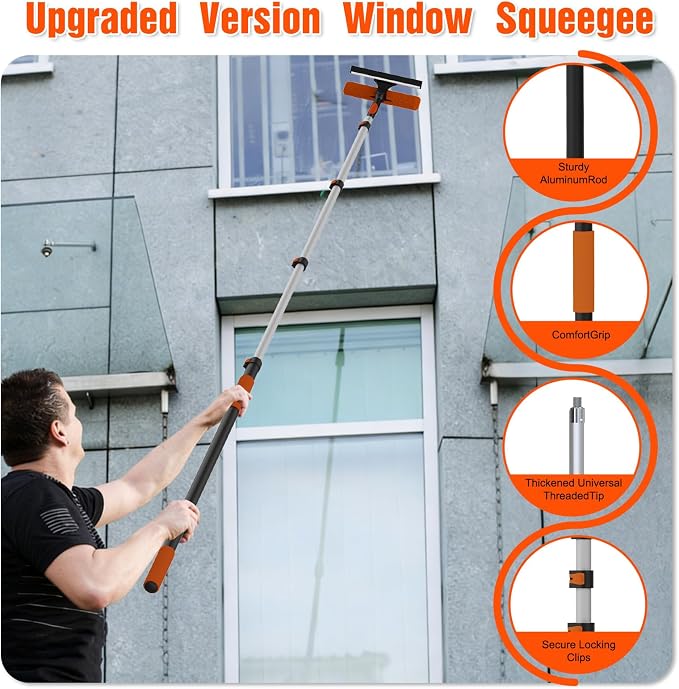 16FT Reach Window Squeegee Kit with Extension Pole, 2-in-1 Professional Washer for High Windows, 3-12FT Adjustable Reach, Rotatable Head for Indoor & Outdoor Use, Streak-Free Cleaning Tool for Home