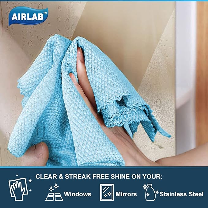 Airlab Glass Polishing Streak Free Miracle Cleaning Cloth, Grey & Blue | Lint Free Microfiber Cleaning Rags for Glasses Kitchen Dish Mirrors Easy Clean, 16 x 12 Inches, Pack of 8