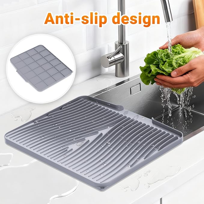 Silicone Dish Drying Mat for Kitchen Counter, 15.8"x13" 2Pcs Extra Large Non-Slip Drain Pad with Built-in Drainage, Heat Resistant Dishwasher Safe, Grey