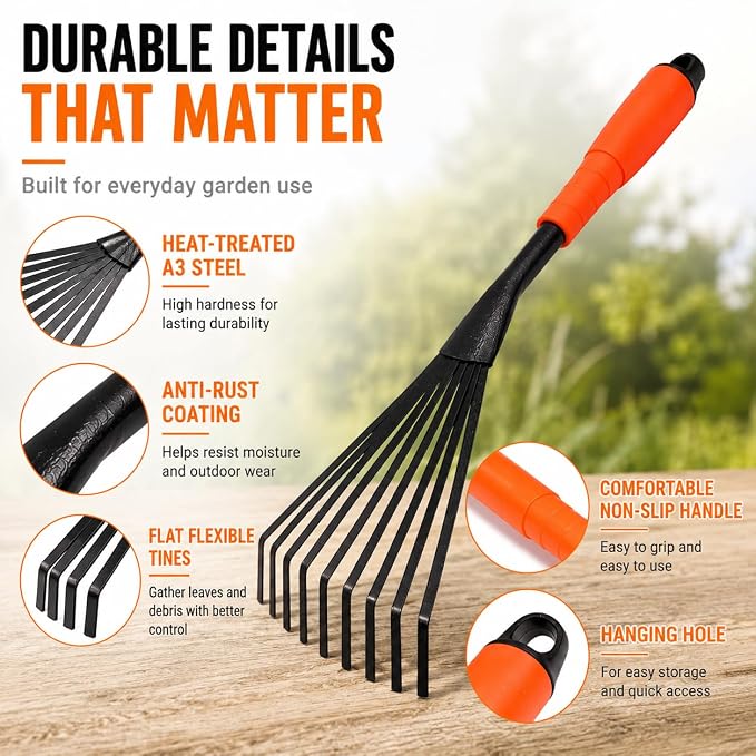 Finder Hand Rake, 15.6 Inch Gardening Hand Tool with Ergonomic Handle and Hanging Hole for Storage, Steel Garden Rake for Flower Beds, Leaves, Mulch, Soil Loosening, Tight Spaces